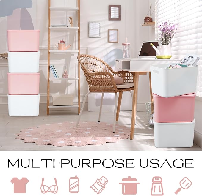 8 Pack Storage Bins, 14.2 X 10.2 X 9.5 Inch White and Pink | Plastic Stackable Containers with Lid Handle, For Shelves Desktop Playroom Office, Organizing Toys Books Supplies Storage - Image 7