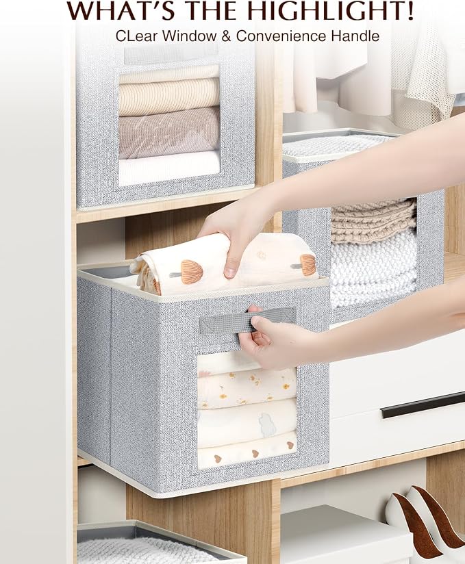 Foldable Storage Cubes - Square Organizer with Window, Decorative Baskets for Organizing, Fabric shelf Basket for Clothes, 11 Inch Closet Storage Cubes, Set of 12, Light Grey - Image 9