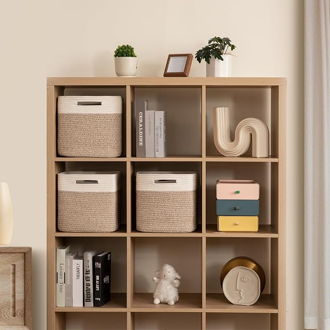 OIAHOMY Storage Cubes 11 Inch Storage Bins-3-Pack, Cotton Rope Woven Baskets for Organizing, Square Storage Baskets for Shelves Organizer, Classroom, Kids Toy Bins, Closet, Baby Nursery-Brown - Image 8