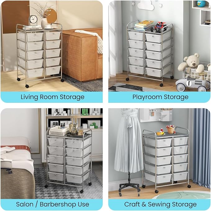 10 Drawer Rolling Cart, Storage Cart Organizer on Wheels, Drawer Cart with Metal Frame & Large Storage Capacity, Rolling Cart with Drawers for Living Room Classroom, Office - Image 9