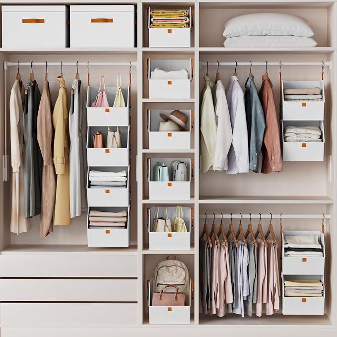 Hanging Closet Organizer 4 Tier - Clothes Hanging Shelves, Space-Saving Closet System, Fabric Storage Bins Bedroom Organization, Collapsible Baskets for Home, Dorm, Rv, White, 8 Pack - Image 8