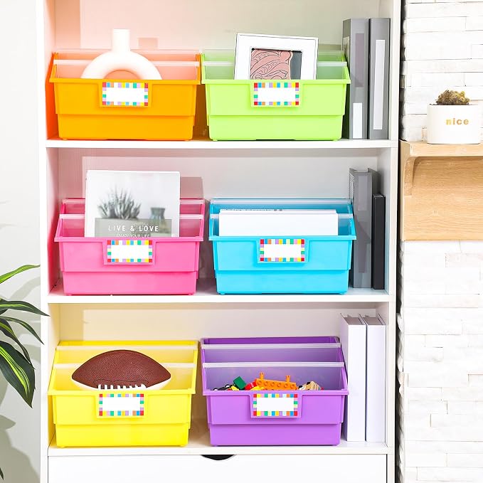 Lineshading 6 Pack Picture Book Organizer Bins with Dividers Large Plastic Book Holders with Labels Multi Purpose Classroom Organization Bins Storage Container (Neon Color,13.5 " X 13.5 " X 7.75") - Image 6