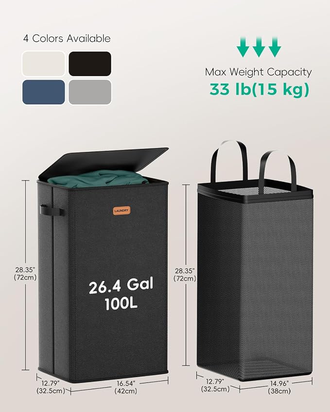 100L Large Capacity Laundry Hamper, Collapsible Laundry Basket Space-Saving, Clothes Hamper with Lid and Removable Bag for Bathroom Bedroom Laundry Room Dorm - Image 6