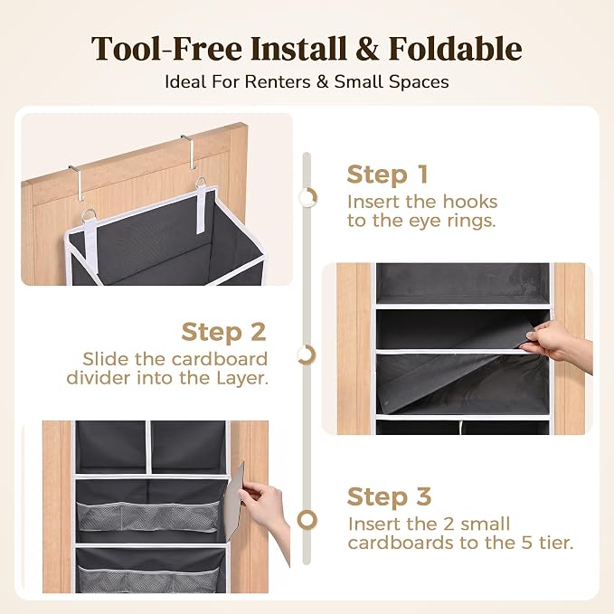 6-in-1 Over Door Hanging Organizer with 12 Mesh Pockets, 44 lbs Capacity, Deep Gray – Versatile Behind Door Storage for Baby Nursery, Newborn - Image 8