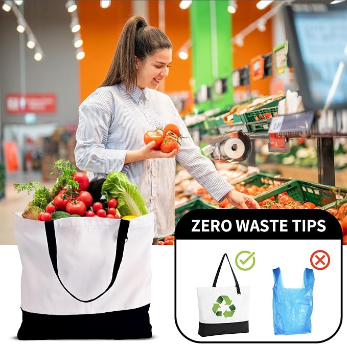 12-Pack Canvas Tote Bags with Zipper, Large Reusable Grocery Tote Bluk | Blank bags, washable, inner pocket, flat bottom, sturdy handle, for sublimation DIY/transfer, travel/beach/Christmas crafts - Image 7