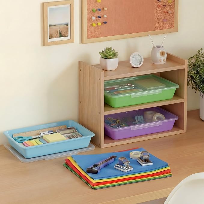 12 Pcs Classroom Paper Storage Bins with Clear Latching Lids Labels, Letter Size Stackable Flat Trays Container Paper Organizer for Teacher Back to School Office Arts Crafts (Macaron,13x10in) - Image 6