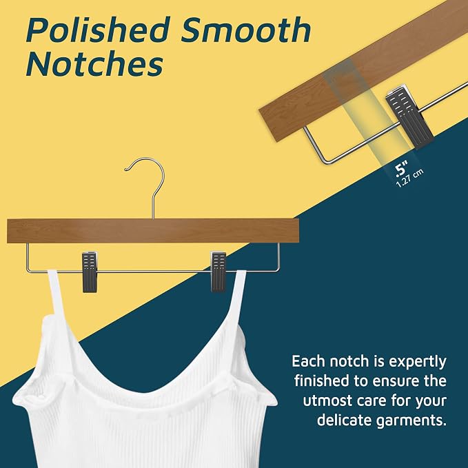Natural Color Wooden Pants Hangers 50 Pack, Lotus Wood Hanger with Adjustable Non-Slip Clips, Heavy Duty 10 lb Capacity, 360° Swivel Hook, Slim, Space-Saving Design for Slacks, Jeans, Skirts - Image 5