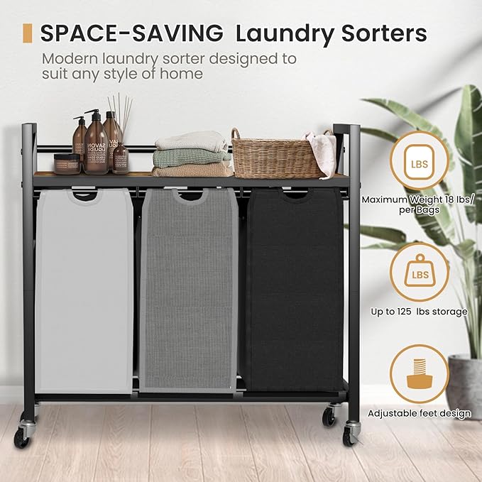 SwaaVee Laundry Sorter, Laundry Hamper 3 Section, 3×11.4Gal, Metal Frame Rolling Laundry Basket with Wooden Top Shelf, Pull out and Removable Laundry Bags, 3 Bags-Black Grey White - Image 7