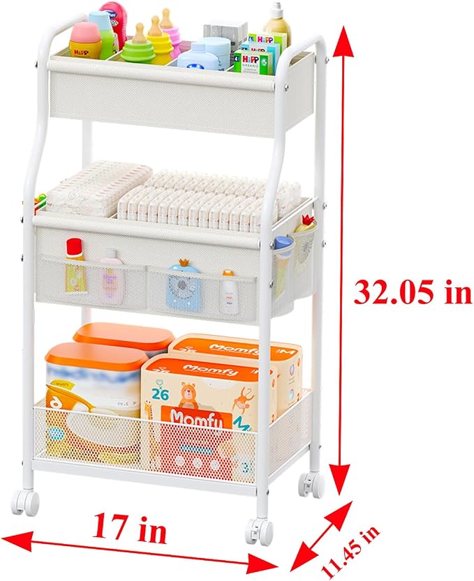 3-Tier Diaper Caddy Organizer & Rolling Cart,Metal Utility Cart with 4+2 Dividers & Lockable Silent Casters, Mobile Storage Cart for Nursery Essentials, Multi-Purpose for Kidsroom Changing Table - Image 7