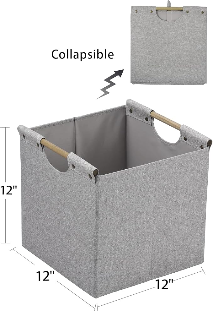 HOONEX Collapsible Storage Bins, 12x12x12in Storage Cubes Linen Fabric, 3 Pack, Storage Baskets with Wooden Carry Handles and Sturdy Heavy Cardboard, for Home, Office, Car, Nursery, Light Grey - Image 7