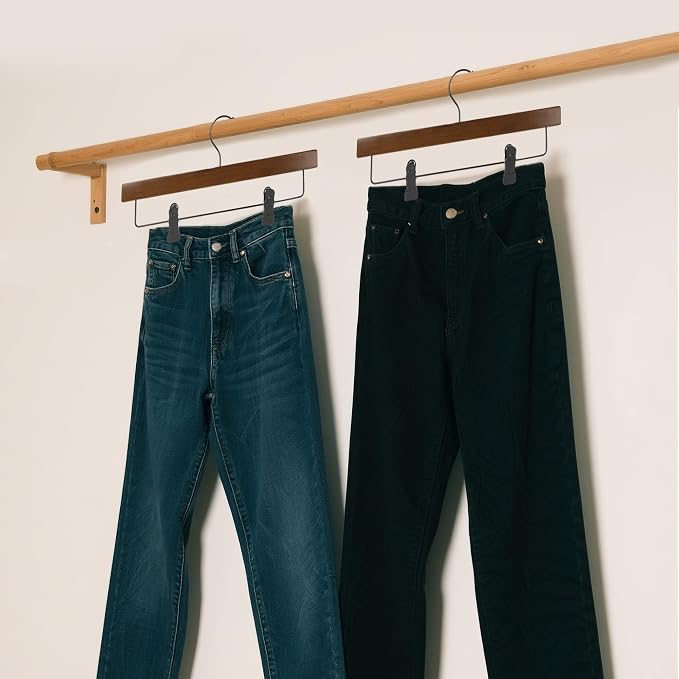 14" Wood Pants Hangers with Adjustable Non-Slip Clips, Walnut, 12-Pack | Solid Wood Material, Bottom Hangers with 360° Swivel Hook, Space Saving Hangers for Skirts, Slacks, Trousers, Jeans - Image 7