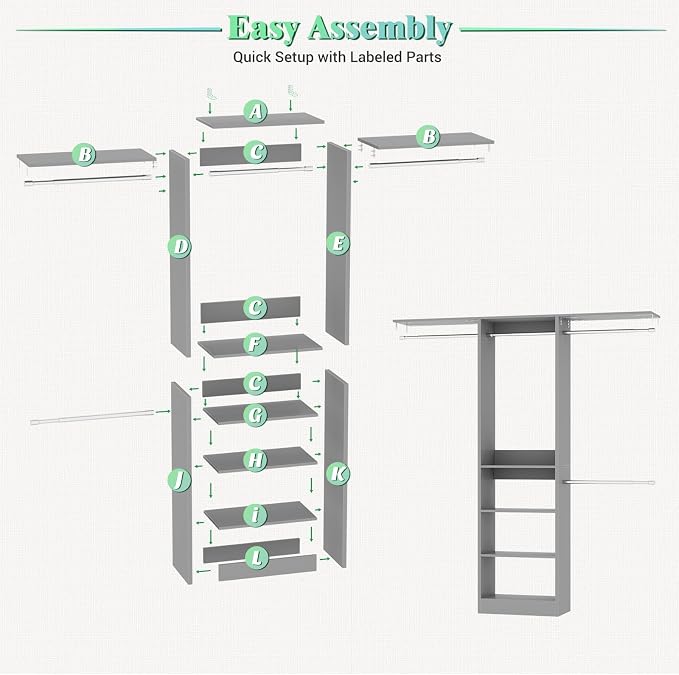 Besiost 4FT Small Closet Organizer System with 4 Hanging Rods & 3 Shelves | 48" Closet System for Small Closets, 80" H Small Closet Organizers and Storage for Bedrooms, Cloakrooms, Gray - Image 7