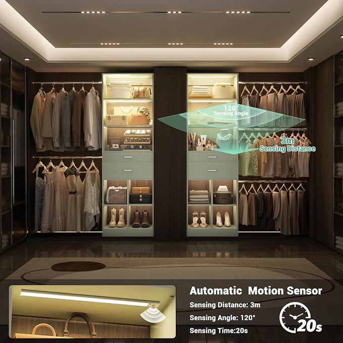 Besiost Closet System, 4-8 FT Closet Organizer System with Smart Sensor Lights, 2 Wooden Drawers and 5 Hanging Rods, Crab Green - Image 4