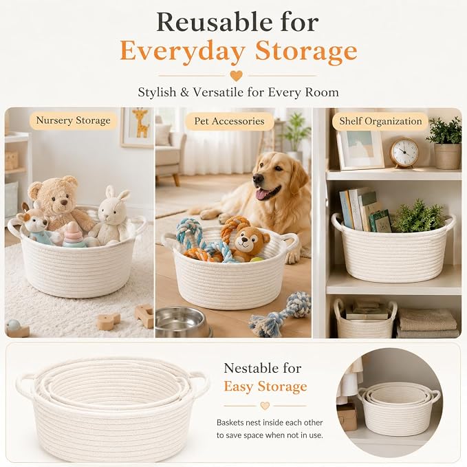 9Pcs Baskets for Gifts Empty with Gift Bags and Ribbons, Small Cute Woven Cotton Rope Basket, for Easter Mother's Day, Baby Nursery Room Shelf Storage Toy Pet Organizer to Fill, White, 12 x 8 x 5 inch - Image 7