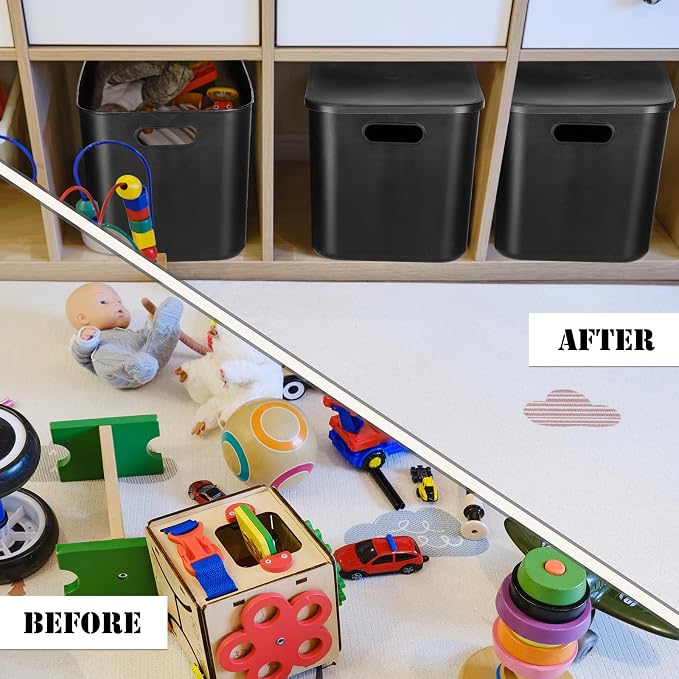 8 Pack Storage Bins, 14.2 X 10.2 X 9.5 Inch Black | Plastic Stackable Containers with Lid Handle, For Shelves Desktop Playroom Office, Organizing Toys Books Supplies Storage - Image 7