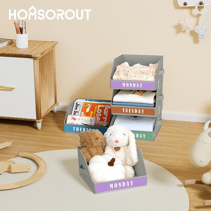 Closet Organizers and Storage - 5 Tier Shelf Organizer with Weekly Labels, Stackable Storage Bins with Metal Frame, Foldable Cube Bins, Home Baskets for Kids and Adults, Grey - Image 8
