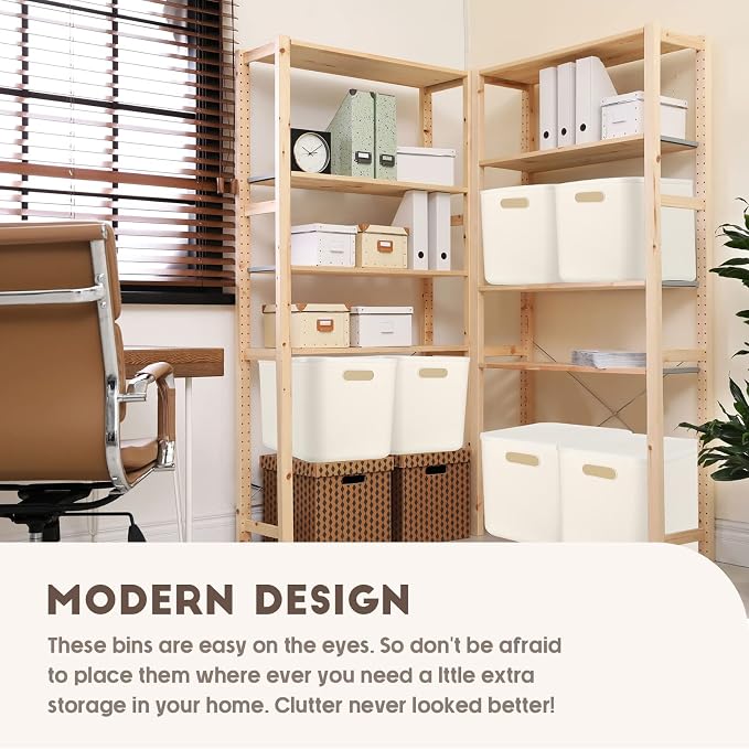 8 Pieces White Plastic Storage Bins with Lids, Stackable Storage baskets with Handle Containers Box for Shelves Drawers Desktop Playroom Classroom Office Organization(14 x 10.5 x 9.6 Inches) - Image 7