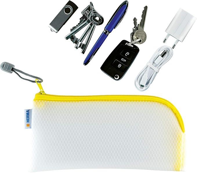 HERMA 20005 Zip Cosmetic Bag, Transparent (23 x 11 cm) Small Zippered Travel Pouch for Mobile Phone, Charging Cable, Cosmetics, pens, Keys, Clear Toiletry Bag with Zipper in Yellow - Image 7