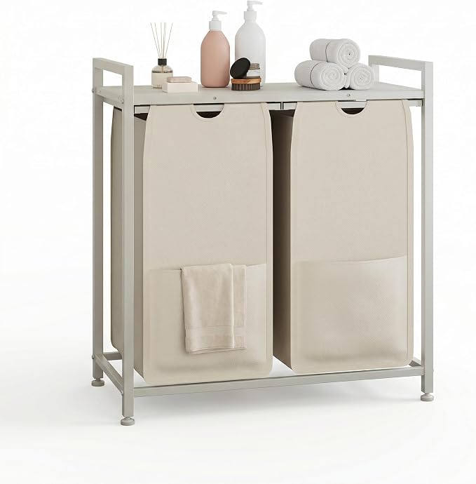 Garvee 97L Laundry Basket 2 Section, Laundry Hamper with Shelf & 2 Removable Bags, Dirty Clothes Basket Organizer for Bathroom Bedroom Room Organization, 2 x 12.8 Gal (48.5L), White and Beige | Laundry Basket with Shelf & 2 Removable Bags, Dirty Clothe... - Image 9