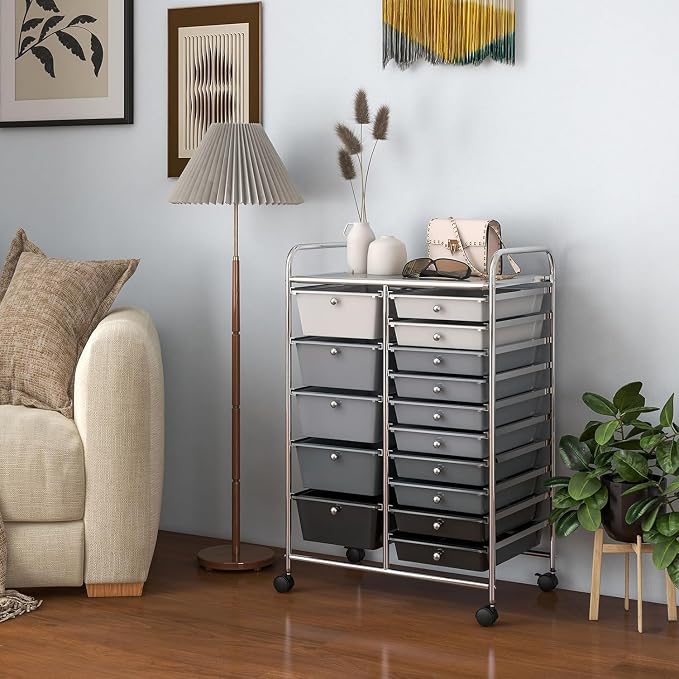 15 Drawer Rolling Storage Cart, Rolling Cart with Drawers for Classroom, Art Supply Craft Organizer on Wheel with Metal Frame & Handles for Home Office School - Image 9