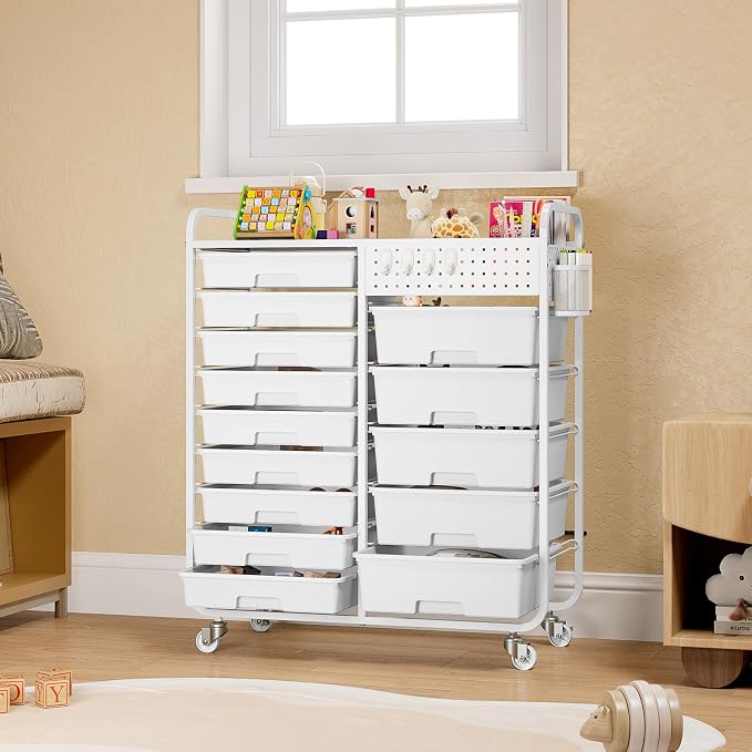 14 Drawer Rolling Storage Cart with Tabletop and Pegboard for Crafts White | Easy Setup, Large Capacity, Sturdy Build, Smooth Mobility, For classroom, office and dorm supplies - Image 9