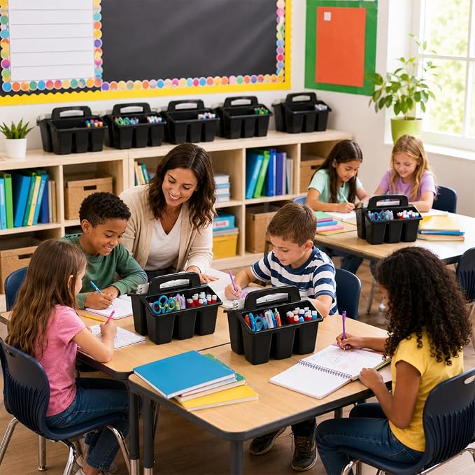 gisgfim 8 Pack Black Classroom Caddy Table Organizer with Handle | Sturdy plastic construction, 4 divided slots, space-saving stackable design, smooth grip, portable center handle - Image 7