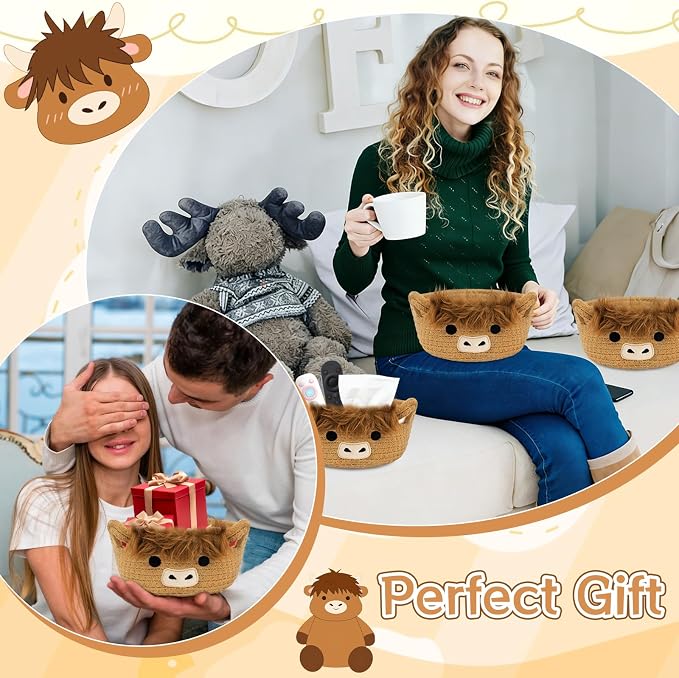 3 Pack Small Highland Cute Cow Storage Baskets for Organizing Gift Basket | Woven Decorative Nursery Shelves Rope Cotton Storage Bins for Gifts Empty, Mini Burr Baby Shower with Handles,7 IN - Image 7