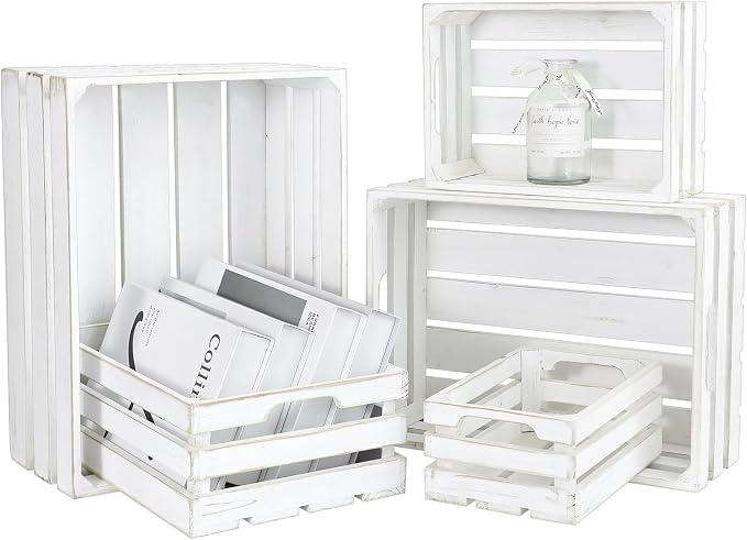 5-Piece Rustic White Wooden Crates Set, Wall Mountable Slatted Storage Crates with Handles, Farmhouse Wooden Crates for Display & Organizer for Home Decor - Image 8