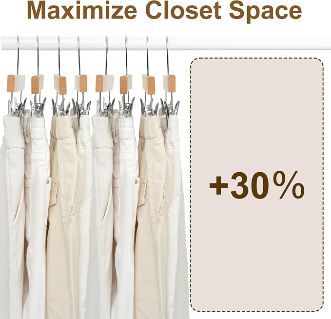 BAGAIL 20 Pack Wooden Pants Hangers with Adjustable Clips, 360°Swivel Hook Space Saving Skirt Holders with Anti-Rust Clips for Trousers, Jeans, Shorts (Natural) - Image 7