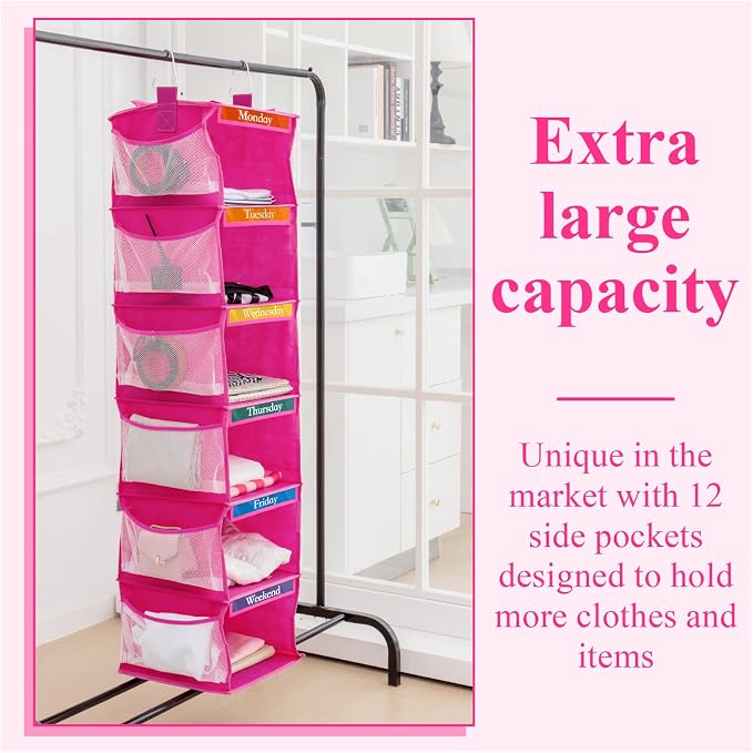 2 Pcs 6 Shelf Hanging Weekly Clothes Organizer for Kid,Rose Red | Closet Organization, Hanging Closet Shelves with Side Pockets, Labeled Shelves with Days of The Week Monday Through Weekend - Image 7