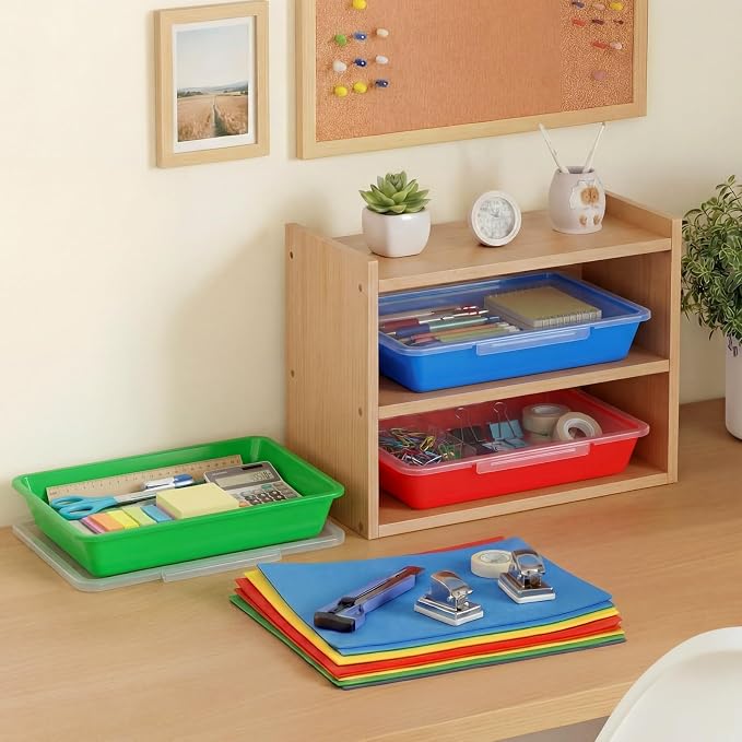 12 Pcs Classroom Paper Storage Bins with Clear Latching Lids Labels, Letter Size Stackable Flat Trays Container Paper Organizer for Teacher Back to School Office Arts Crafts (Rainbow,13x10in) - Image 6