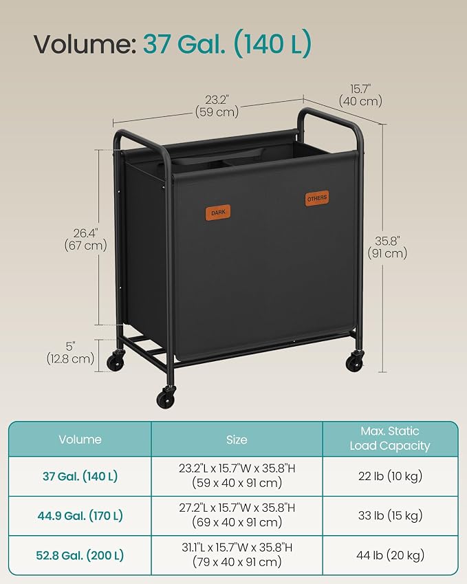 SONGMICS 2-Section Laundry Sorter, Laundry Hamper with Wheels, Rolling Clothes Hamper Cart with Large Capacity and Removable Bags, for Laundry Room, Bedroom, Bathroom, Ink Black URLS210B01 | Rolling Clothes Hamper Cart, Large Capacity, for Laundry Room... - Image 6