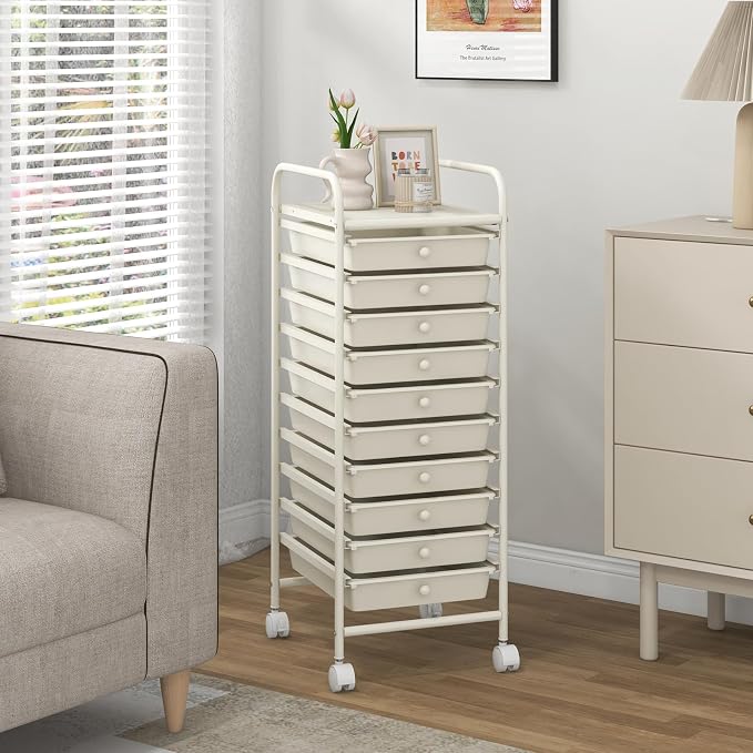 GOFLAME 10-Drawer Rolling Storage Drawer Cart, Utility Cart with Removable Drawers & Metal Frame, Mobile Art Craft Drawer Cart with Lockable Wheels for Home, Office, Studio, School, White - Image 9