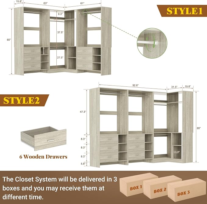 Aheaplus Closet System with 6 Drawers, 4 Hanging Rods & Corner Tower, Corner Closet System with Hanging,92.6" L-Shaped Walk-In Wardrobe Organizer, 2000+ lbs Capacity, Set of 3, White Oak - Image 7