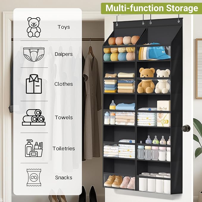 AOODA 2 Pack Over the Door Organizer, Large Capacity Closet Door Hanging Organizer, Clear Deep Pockets Baby Storage for Nursery, Bathroom, Bedroom, Pantry, Diapers (Black) - Image 7