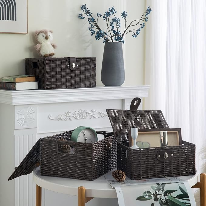 Set of 3 Woven Wicker Storage Basket Box with Lids & Lock, Built-in Carry Handles, Multifunctional Storage Organizer for Nursery, Baby, Clothes, Toys, Books, Large/Medium/Small Size (Brown) - Image 9