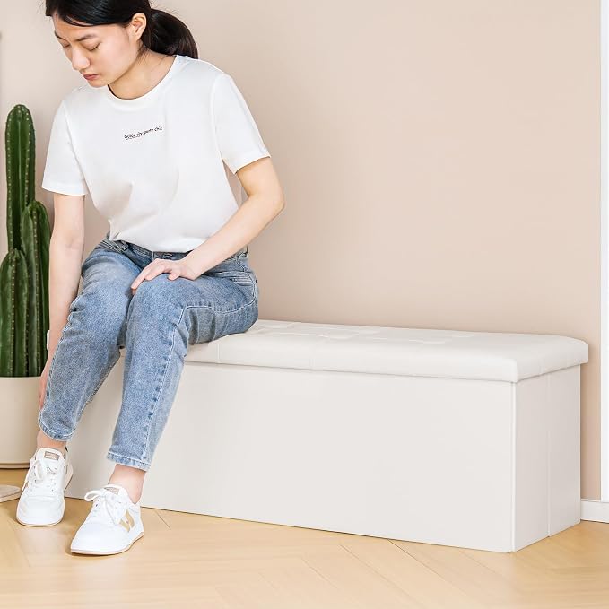 PINPLUS Folding Storage Ottoman Bench with Tray, 43.3inches Faux Leather Long Storage Chest Footrest Seat, Coffee Table, Foot of Bed Storage Bench for Living Room Bedroom, Beige - Image 8