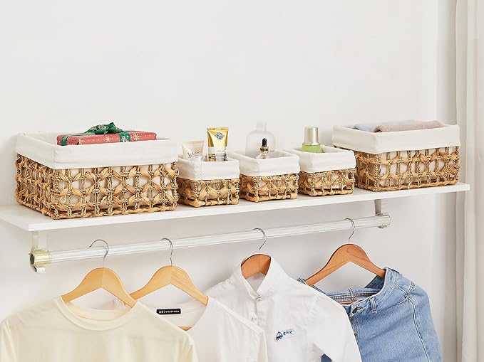 Wicker Storage Basket, Rectangular Wicker Baskets for Storage, Woven, Water Hyacinth and Seagrass Storage Baskets for Organizing, Cube Storage Bins for Closet/Clothes/Dresser, Beige, 5-Pack - Image 7