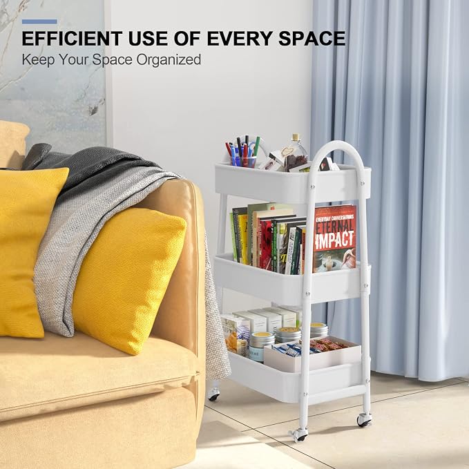 3 Tier Utility Rolling Cart, Metal Storage Cart with Handle and Lockable Wheels, Multifunctional Storage Organizer Trolley with Mesh Baskets for Kitchen, Living Room, Office, Garage (White) - Image 7