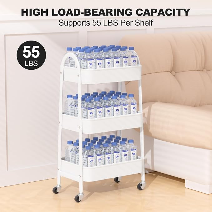 3 Tier Rolling Cart Under Desk, Large Metal Storage Cart with Handle and Lockable Wheels, Big Multifunctional Storage Organizer Trolley for Kitchen, Living Room, Office, Garage (White) - Image 6