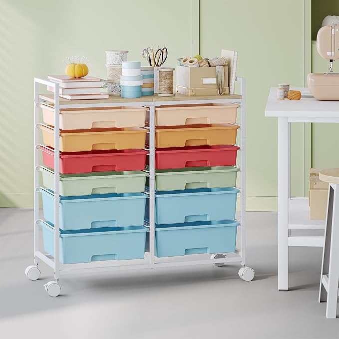 TOOLF 12 Drawers Rolling Storage Cart with Wooden Top for Classroom,Rainbow | Teacher Cart Craft Art Supply Organizer, Utility Cart with Lockable Wheels for Home Household Essentials, Office Organization - Image 9