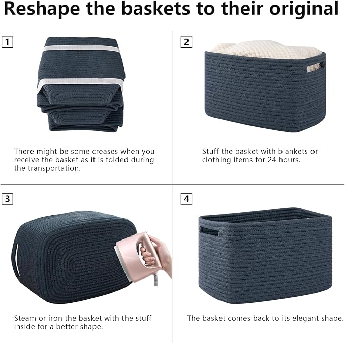 OIAHOMY 4 Pack Storage Baskets for Organizing 15L Cube Storage Bins Blue | Woven Baskets for Storage Rectangle Small Baskets With Handles Baskets for Shelves Wicker Baskets for Shelves 12.7x9x7.8inch - Image 7