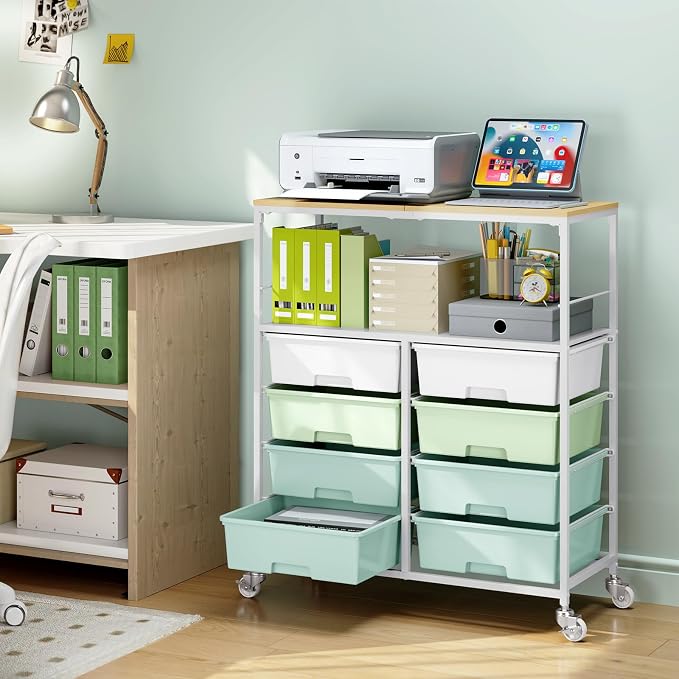 Rolling Storage Cart with 8 Large Drawers, Wooden Tabletop | Open Storage Shelves, Mobile Craft Organizer with Lockable Wheels for Home, Classroom, Office Supplies & Art Studio,Green - Image 8