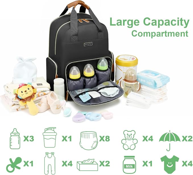 Diaper Bag Backpack with Changing Station, Baby Diaper Organizer Travel Bag | Large Capacity Diaper Bag for Moms Dads - Fold Out Changing Pad, Insulated Pockets, Stroller Straps, Baby Eessentials - Image 6
