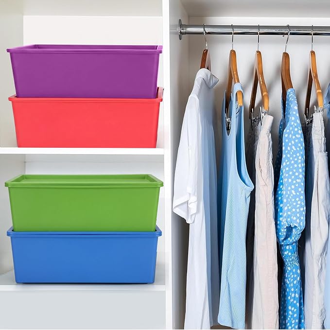 6 Pcs Large Plastic Storage Bins with Lids, Colorful | 14.4 x 10.4 x 5.1 Inch, Stackable Storage Containers, Decorative Cubby Organizer for Clothes Shelves Garage Closet Office - Image 6