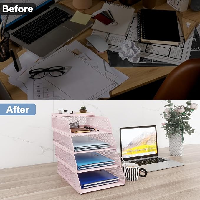 Natwind 4-Tier Stackable Metal Mesh Desk Paper Tray Organizer,Pink | Desktop Accessories for Office Supplies, Letter Tray For Paper Storage ,File Document Holder For Home School Classroom - Image 8
