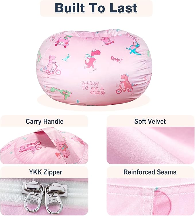 Lukeight Dinosaur Stuffed Animal Storage Bean Bag Chair Cover for Kids, Velvet Plush Toy Organizer Seat, Cover Only, No Filling Included, Long YKK Zipper, Side Pocket, X-Large 30"D x 18"H - Image 6