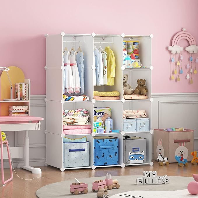 VIPZONE Baby Closet,Dresser, Kids Closet Organizers, Portable Kids Wardrobe for Closet, Bedroom, Nursery, Cubby, Cabinet, Clothes, Dress, Baby Storage Shelf, Armoire Clothes Hanging (12 Cube, White) - Image 9