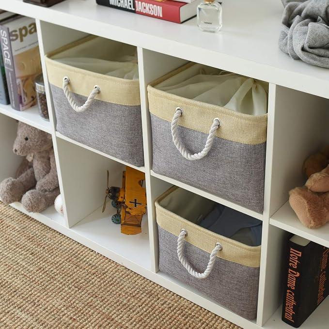 Storage Bins Baskets for Organizing - Extra Jumbo 3 Pack 20.5Lx15.7Wx13.8H Sturdy Fabric Storage Basket for Shelves, Decorative Foldable Closet Nursery Toy (Gold&Grey) - Image 9