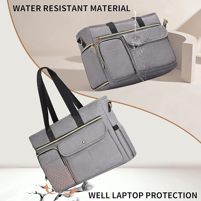 ESTARER Teacher Tote Bag for Women 2Pcs, 15.6'' Laptop Work Bag Computer bag w/Expandable File Folder, Large Water-Resistant Messenger Shoulder bag w/Insulated Pocket for Office/Travel/College, Grey - Image 8
